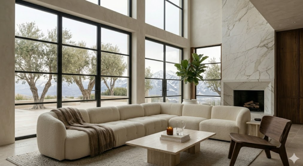 Quiet Luxury Living Room with Bouclé Sofa and Travertine Table