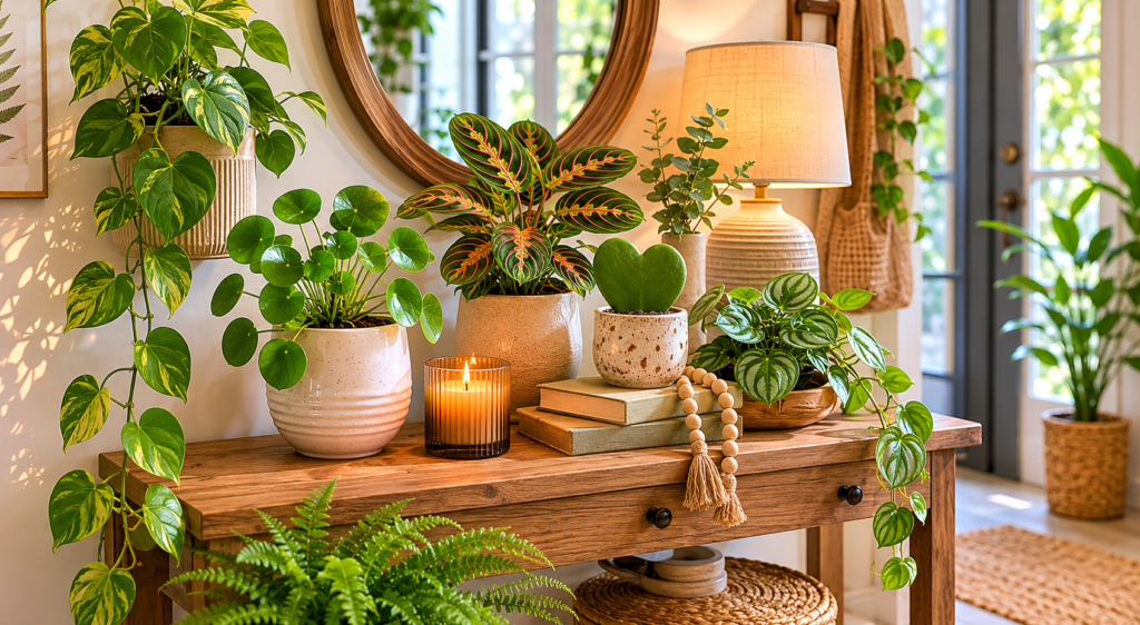 Entryway table with small indoor plants, ceramic pots, decorative tray, bowl, lamp, and cozy plant decor