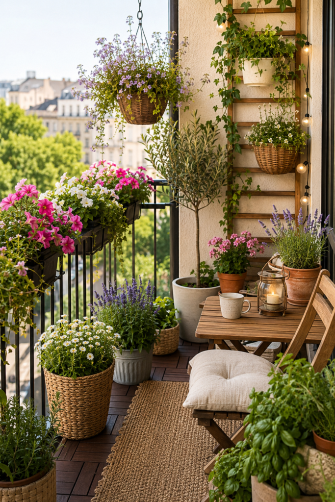 Small balcony with plants, railing planters, outdoor pots, and cozy balcony decor