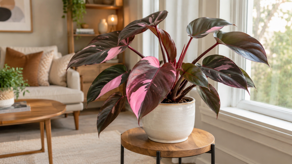 Pink Princess Philodendron indoor plant with dark green and pink variegated leaves in a bright cozy room