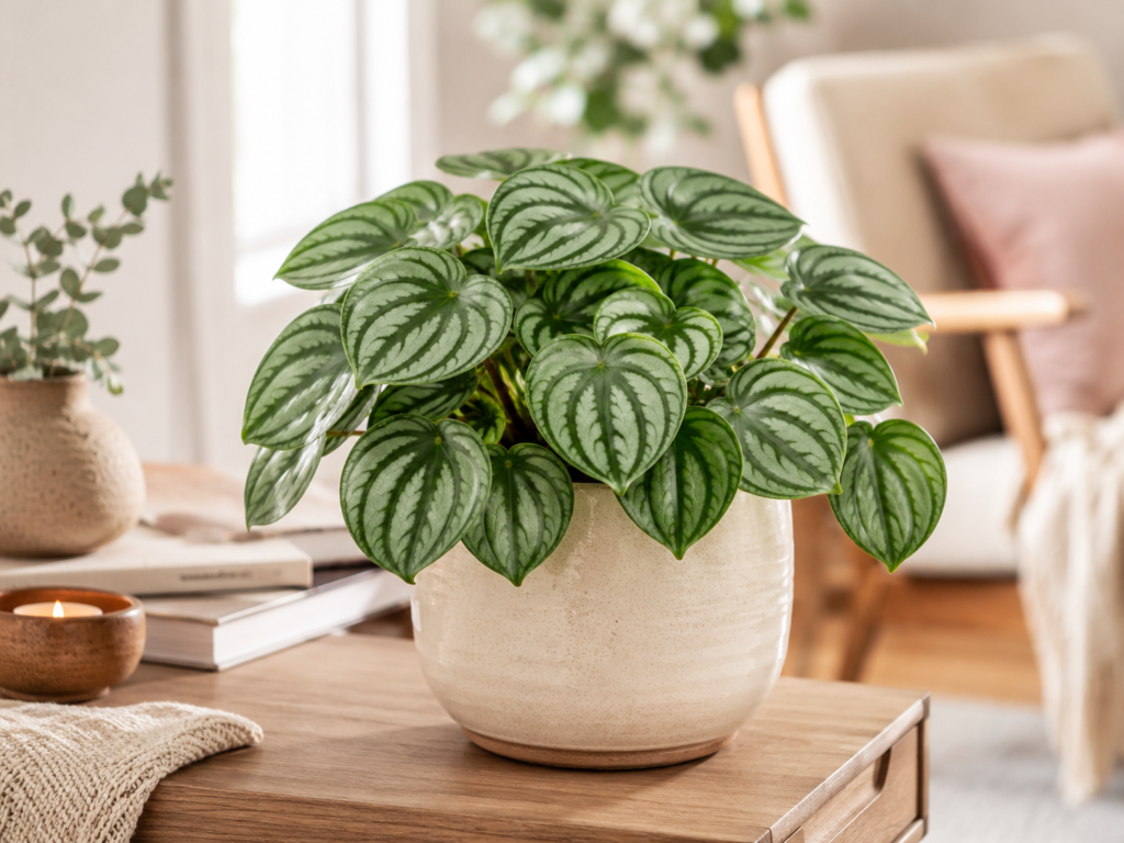 Watermelon Peperomia indoor plant with round striped leaves in a bright cozy room