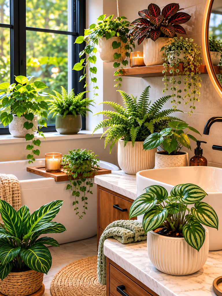 Bathroom with a window, indoor plants, hanging greenery, shelves, and cozy bathroom plant decor