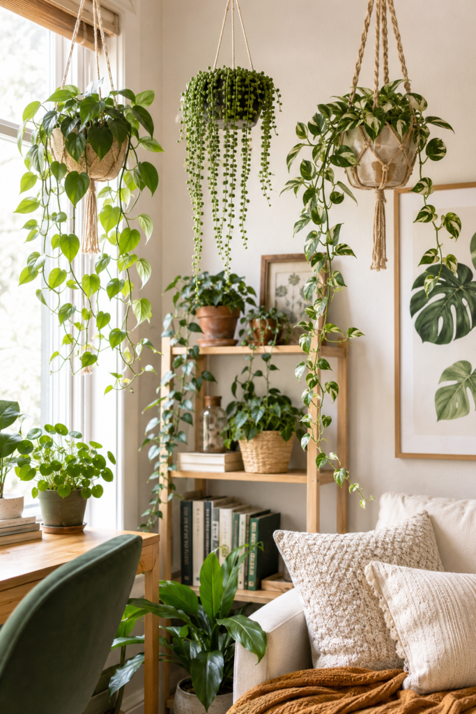 Hanging plants in a small cozy room with shelves, bright windows, and indoor plant decor