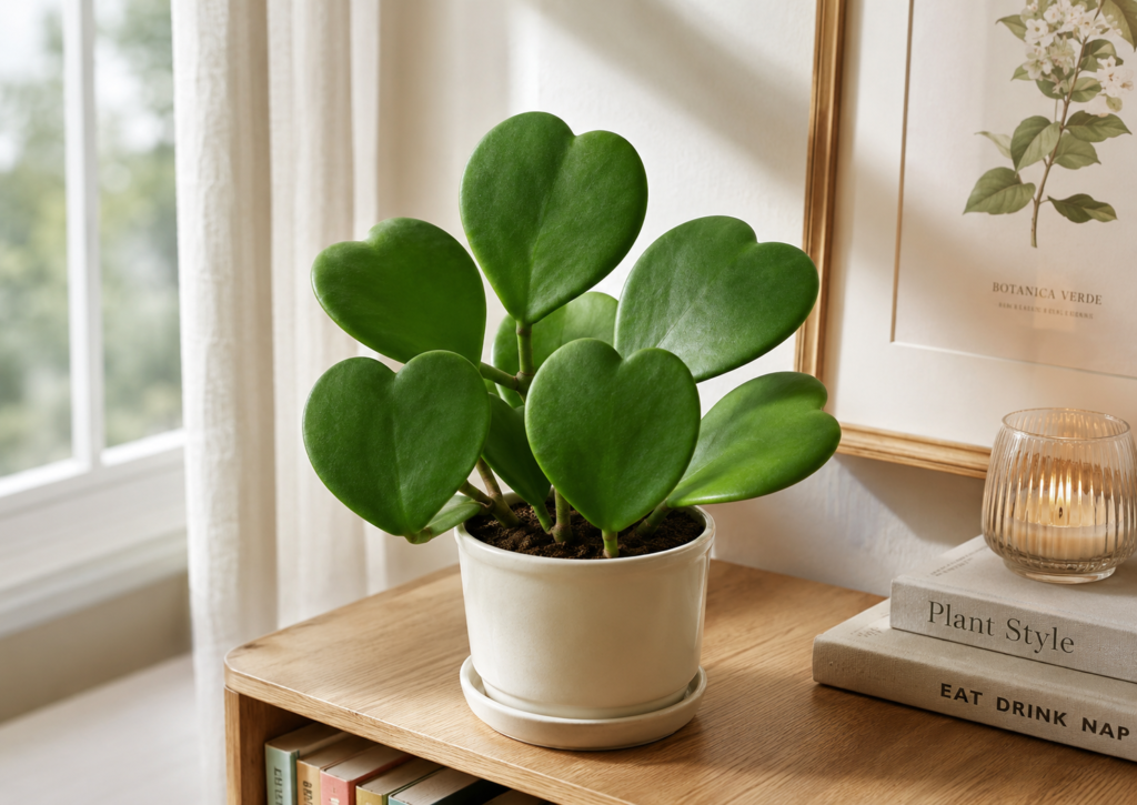 Hoya Kerrii indoor plant with heart-shaped green leaves in a bright cozy room