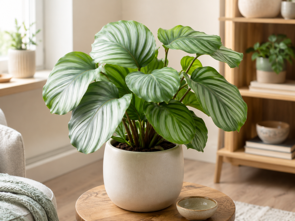 Calathea Orbifolia indoor plant with large striped leaves in a bright cozy room