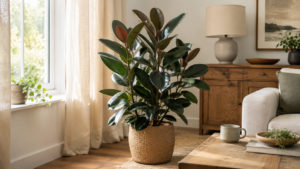 Rubber Plant indoor tree with glossy leaves in a woven basket beside a bright window