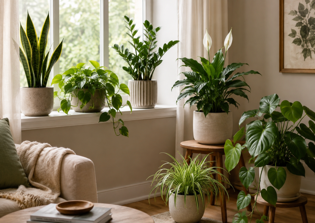 Indoor plants arranged near a north-facing window with soft natural light