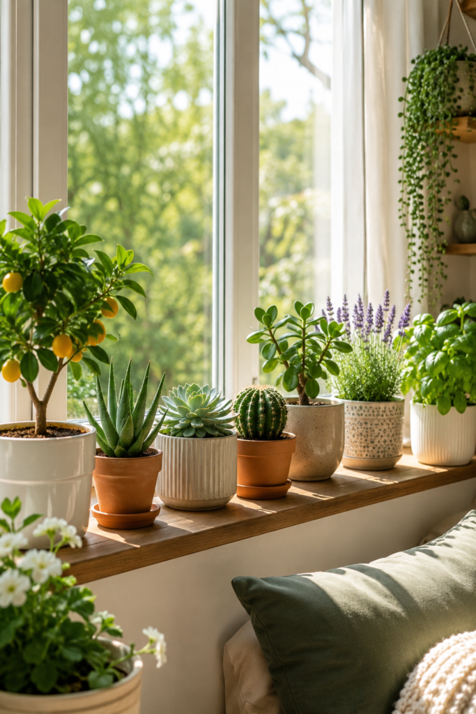 Sunny windowsill with small indoor plants, succulents, herbs, and cozy plant decor