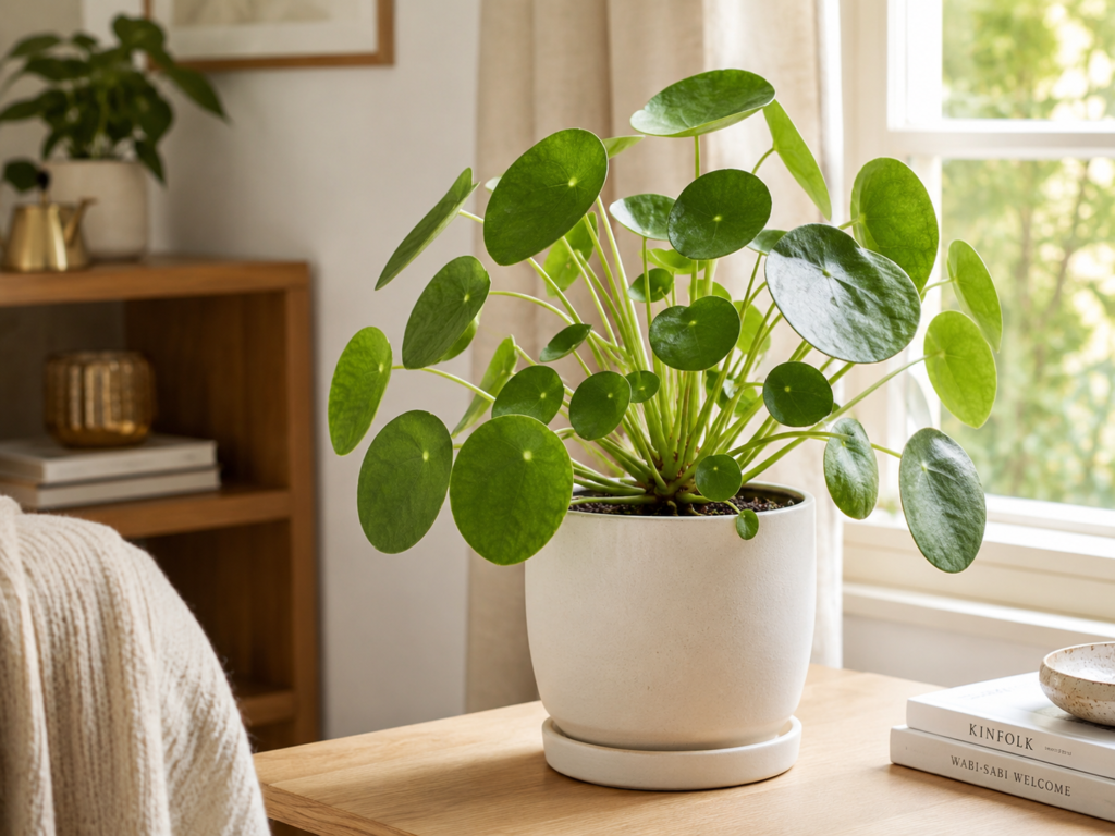Chinese Money Plant indoor plant with round coin-shaped leaves in a bright cozy room