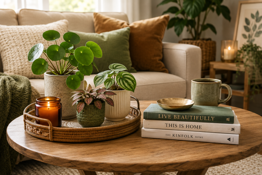 Coffee table with small indoor plants, ceramic pots, books, candles, and cozy living room decor