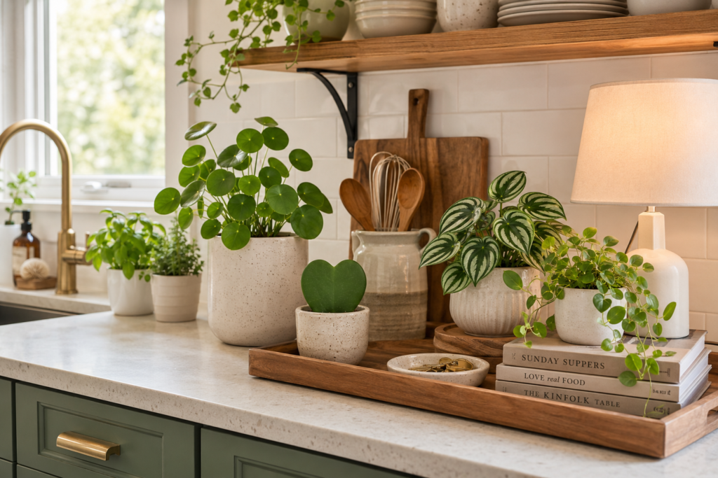 Kitchen counter with small indoor plants, herbs, ceramic pots, tray, cookbooks, and cozy kitchen plant decor