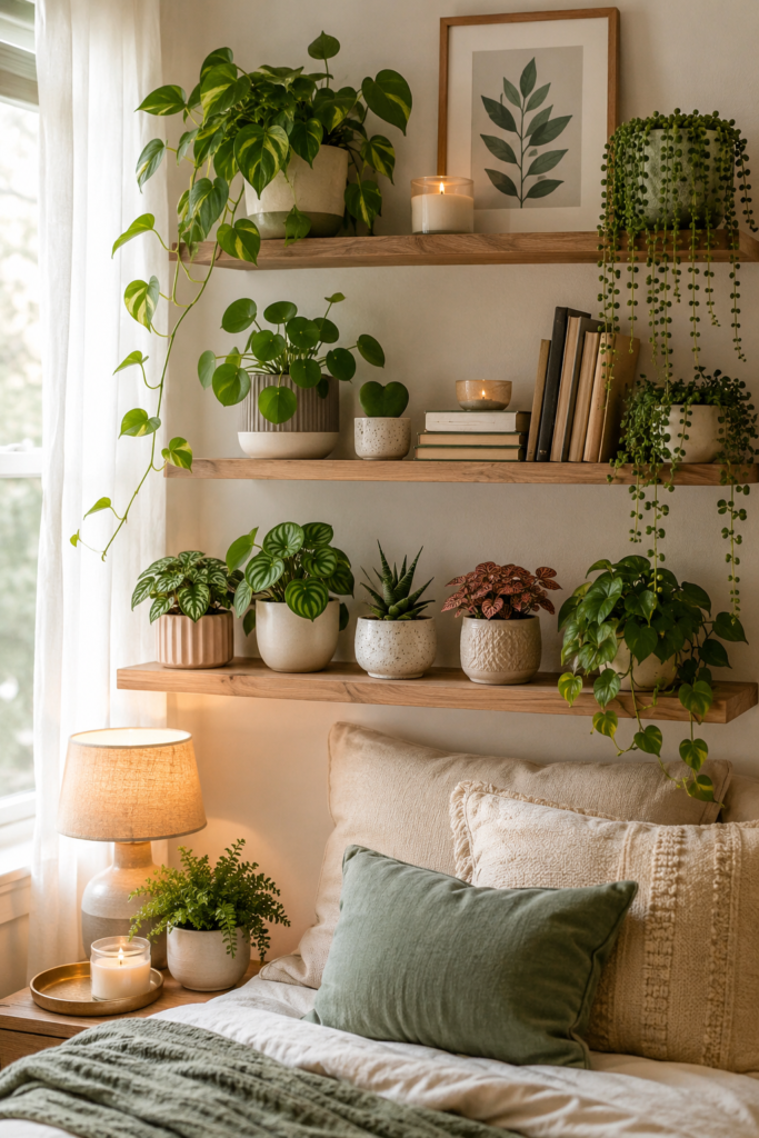 Bedroom shelf with small indoor plants, trailing plants, books, candles, and cozy plant decor
