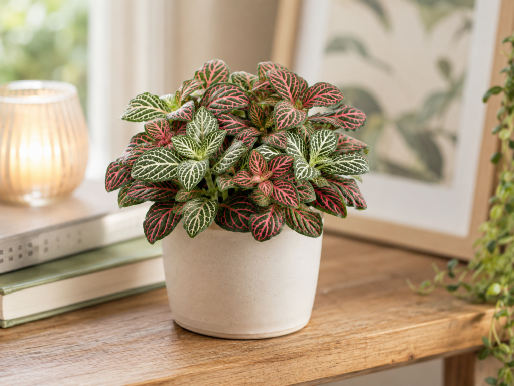 Nerve Plant indoor plant with colorful vein-patterned leaves in a bright cozy room