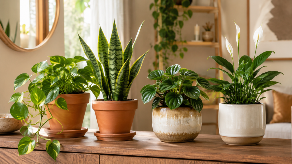 Indoor plants displayed in terracotta and glazed ceramic pots on a wooden table in bright natural light