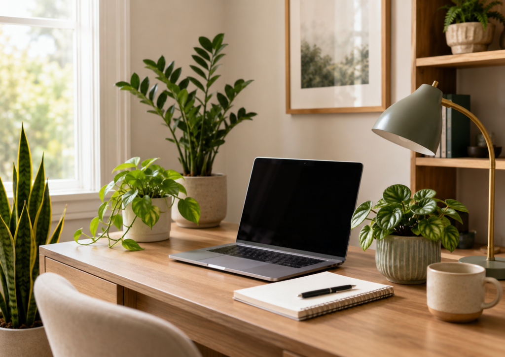 Indoor plants arranged on a home office desk with laptop, lamp, notebook, and warm natural light
