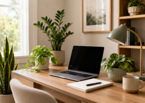 Indoor plants arranged on a home office desk with laptop, lamp, notebook, and warm natural light