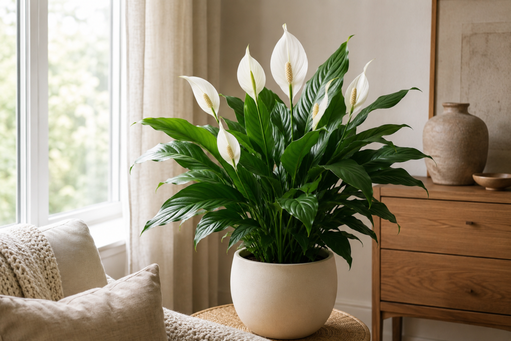Peace Lily indoor flower with white blooms and glossy green leaves in a ceramic pot near a bright window