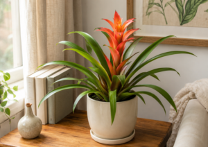 Bromeliad indoor flower with orange tropical center in a ceramic pot on a wooden table near a bright window