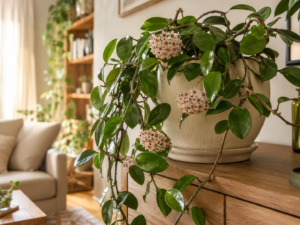 Hoya Carnosa wax plant with glossy trailing leaves and pale pink flower clusters in a ceramic pot indoors