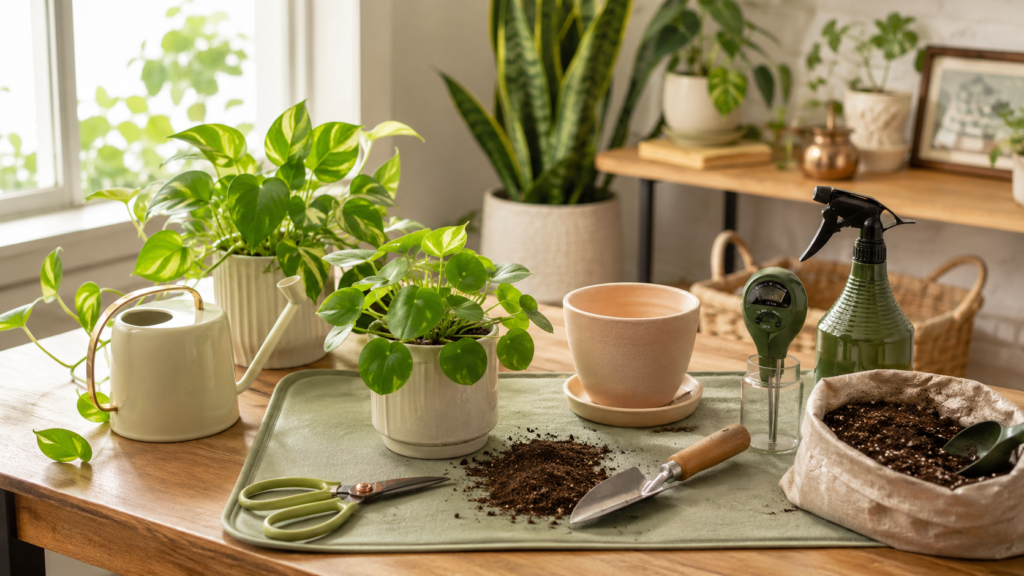 Indoor plant tools for beginners including watering can, pruning scissors, potting mix, saucers, moisture meter, and repotting mat on a wooden table