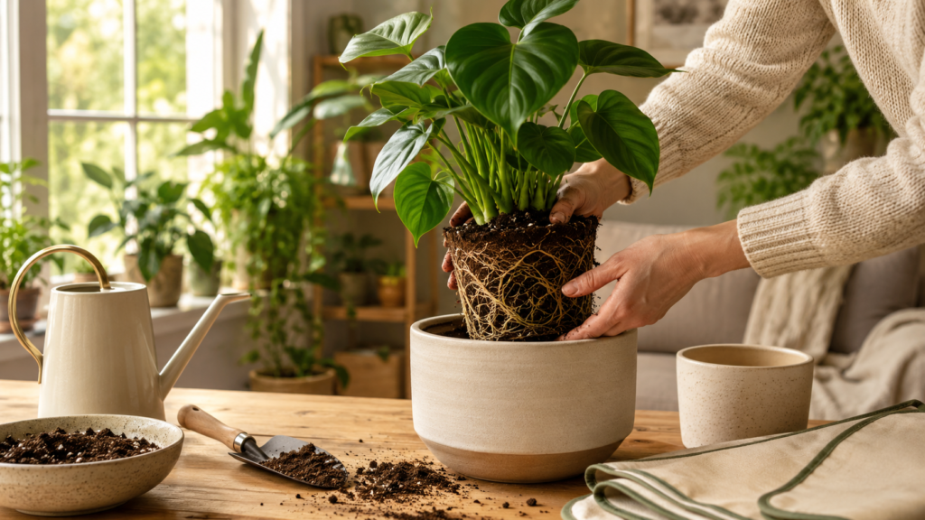 Indoor plant being repotted into a larger ceramic pot with visible roots, fresh potting mix, and repotting tools on a wooden table