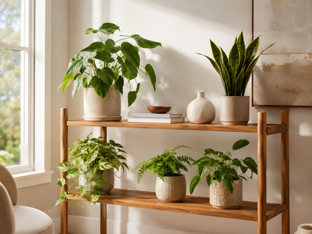 Styled indoor plant shelf with wooden shelves, neutral ceramic pots, trailing plants, books, and bright natural window light