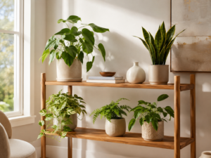 Styled indoor plant shelf with wooden shelves, neutral ceramic pots, trailing plants, books, and bright natural window light