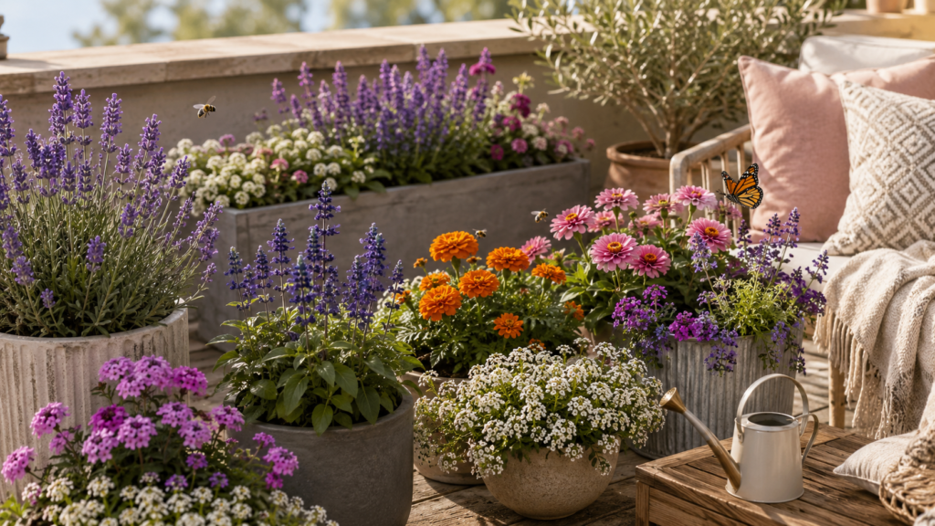 Pollinator-friendly container garden with lavender, salvia, zinnias, verbena, sweet alyssum, bees, and a butterfly on a sunny patio
