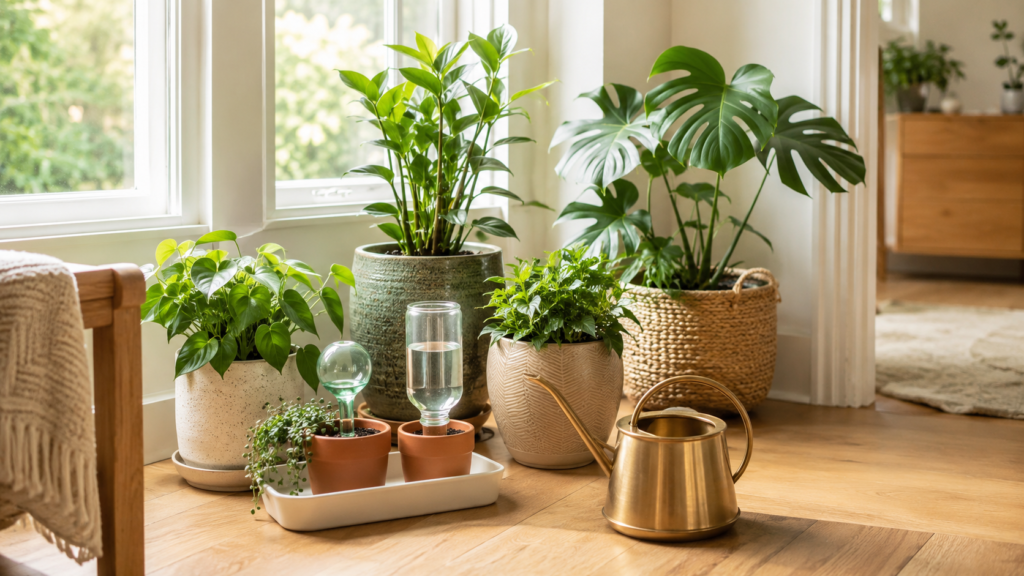 Houseplants grouped near a bright window with a watering can and vacation self-watering systems