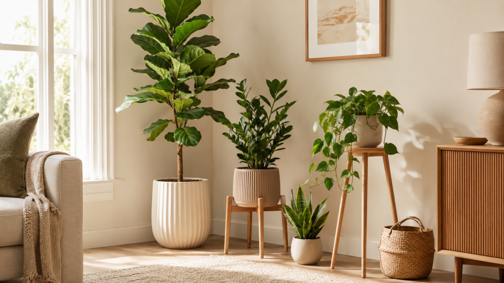 Small indoor plant corner with layered houseplants, neutral ceramic pots, a plant stand, and warm natural light