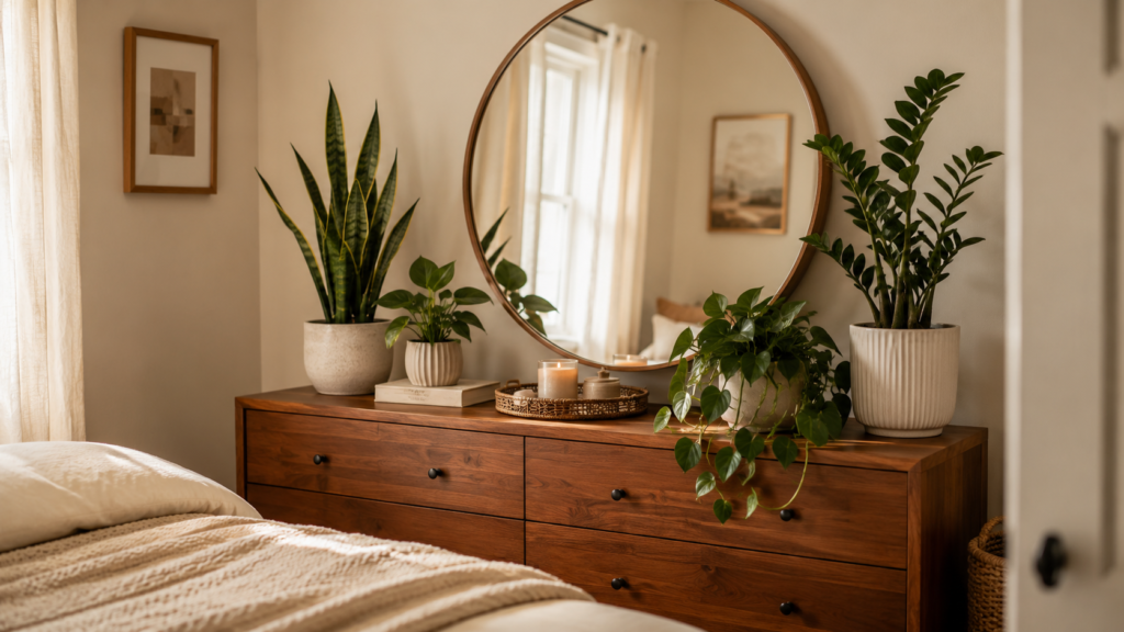 Wooden bedroom dresser styled with indoor plants, neutral ceramic pots, a round mirror, tray, candle, and warm natural light
