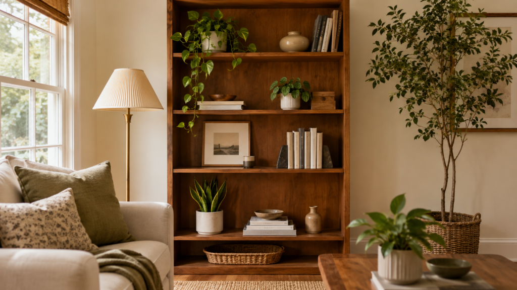 Warm wood bookcase styled with books, trailing houseplants, compact potted plants, neutral ceramic pots, framed art, and open shelf space