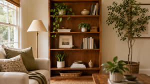 Warm wood bookcase styled with books, trailing houseplants, compact potted plants, neutral ceramic pots, framed art, and open shelf space