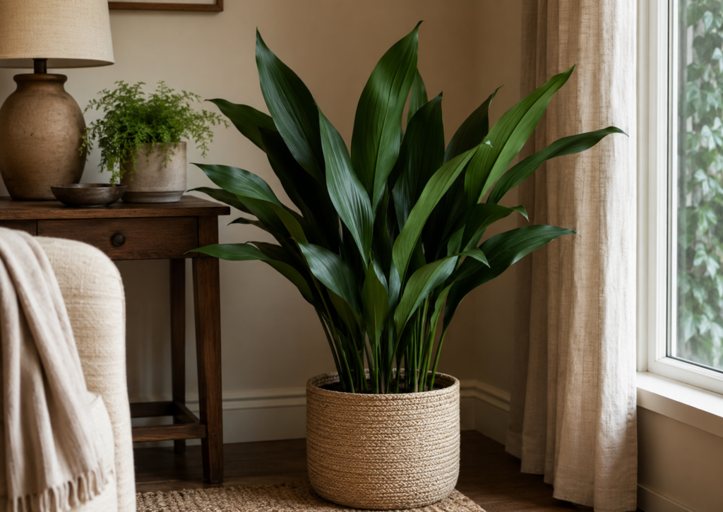 Cast Iron Plant in a woven basket near a soft-light window in a cozy room