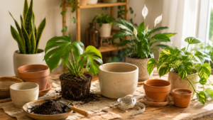 Indoor plant repotting setup with different pot sizes, healthy houseplants, root ball, potting mix, and measuring tape on a wooden table