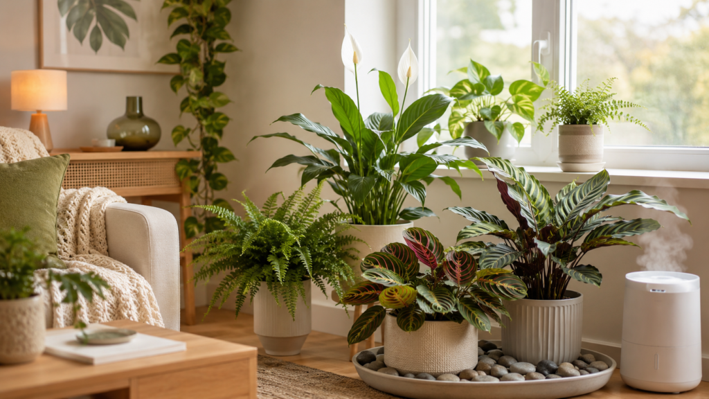 Bright indoor plant corner with tropical houseplants, pebble tray, small humidifier, window light, cream pots, and cozy home decor