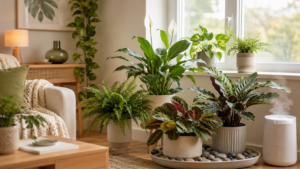 Bright indoor plant corner with tropical houseplants, pebble tray, small humidifier, window light, cream pots, and cozy home decor