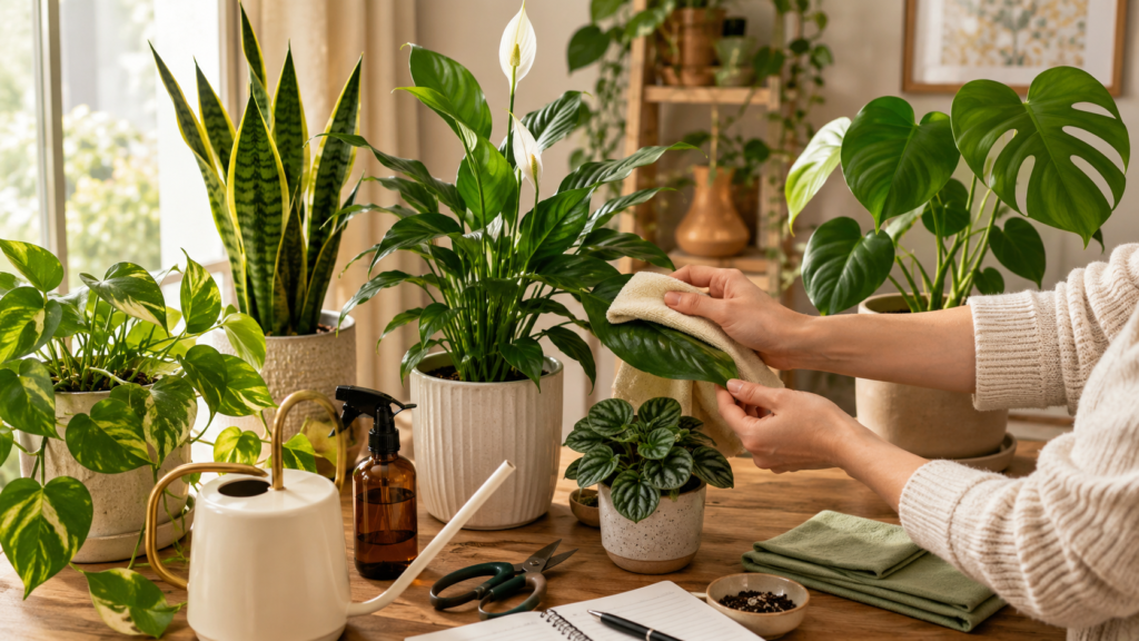 Indoor plant care routine scene with houseplants, watering can, pruning scissors, notebook checklist, soft cloth, and hands wiping plant leaves