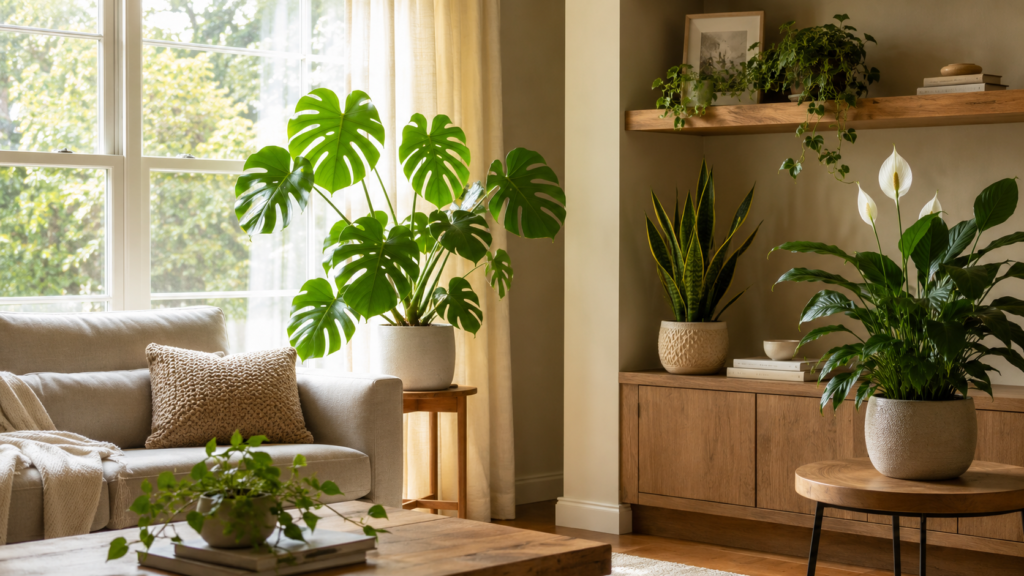 Bright living room with indoor plants placed near a window, on shelves, and beside furniture in suitable light and calm room placement