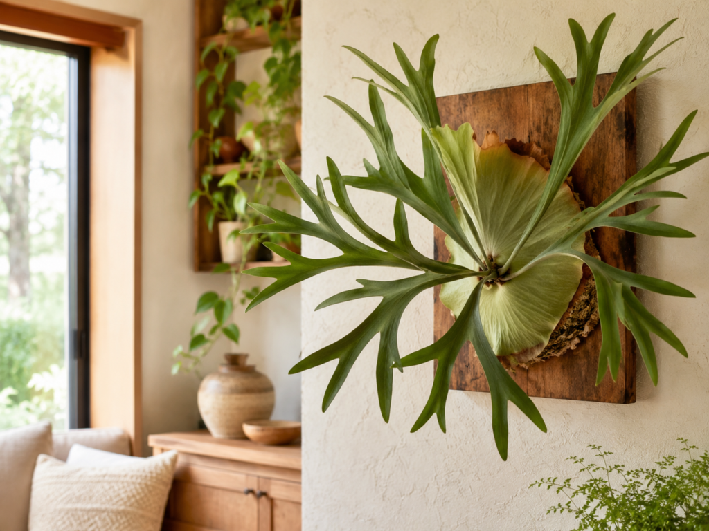 Staghorn Fern mounted on a wooden board as living wall art in a warm indoor room