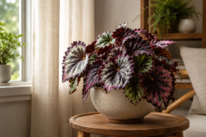 Rex Begonia indoor plant with colorful painted-looking leaves in a cozy room