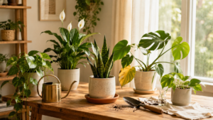 Indoor plant care scene with houseplants, yellowing leaf, watering can, drainage tray, soil, window light, and repotting tools on a wooden table