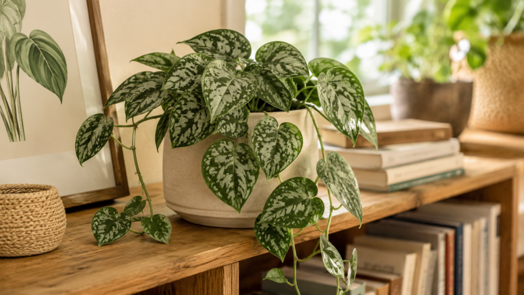 Silver Satin Pothos indoor plant with silver-splashed trailing leaves on a wooden shelf