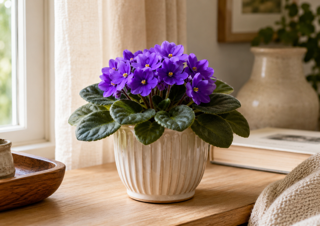 African Violet indoor flower with purple blooms in a ceramic pot near a bright window