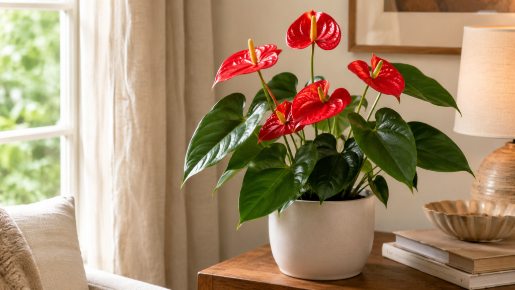Anthurium indoor flower with glossy red blooms and shiny green leaves in a ceramic pot
