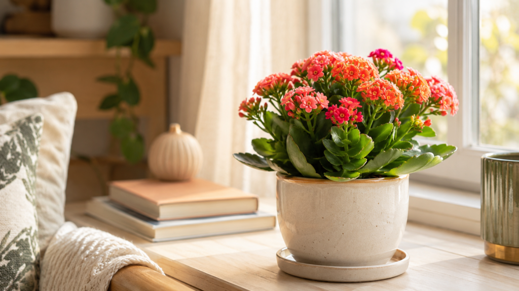 Kalanchoe indoor flowering plant with coral blooms in a ceramic pot on a sunny windowsill