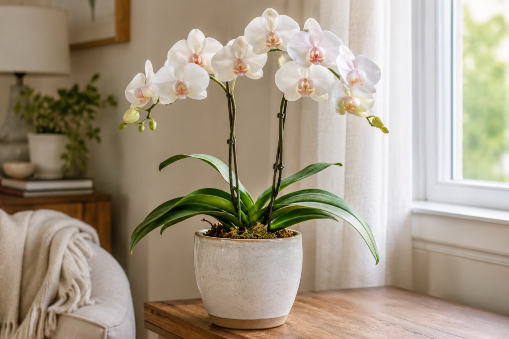 White orchid indoor flower in a ceramic pot on a wooden table near a bright window