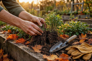 Gardener's hands dividing perennial plants in a fall garden bed with autumn leaves scattered on the soil