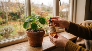 How to fertilize indoor plants in fall and winter - hands holding liquid fertilizer near a potted plant