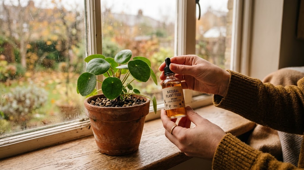 How to fertilize indoor plants in fall and winter - hands holding liquid fertilizer near a potted plant